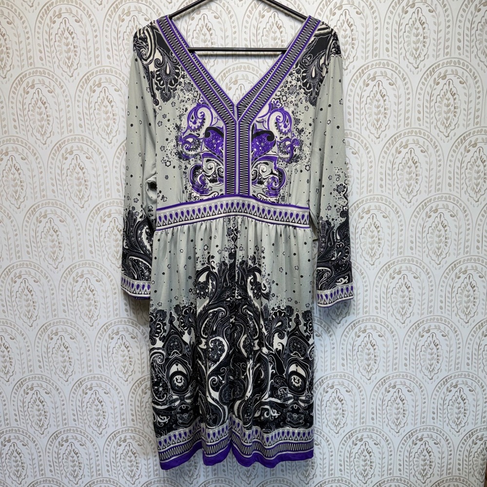 ECI‎ New York Paisley Dress Womens XXL Purple Grey Floral V-Neck Long Sleeve NWT